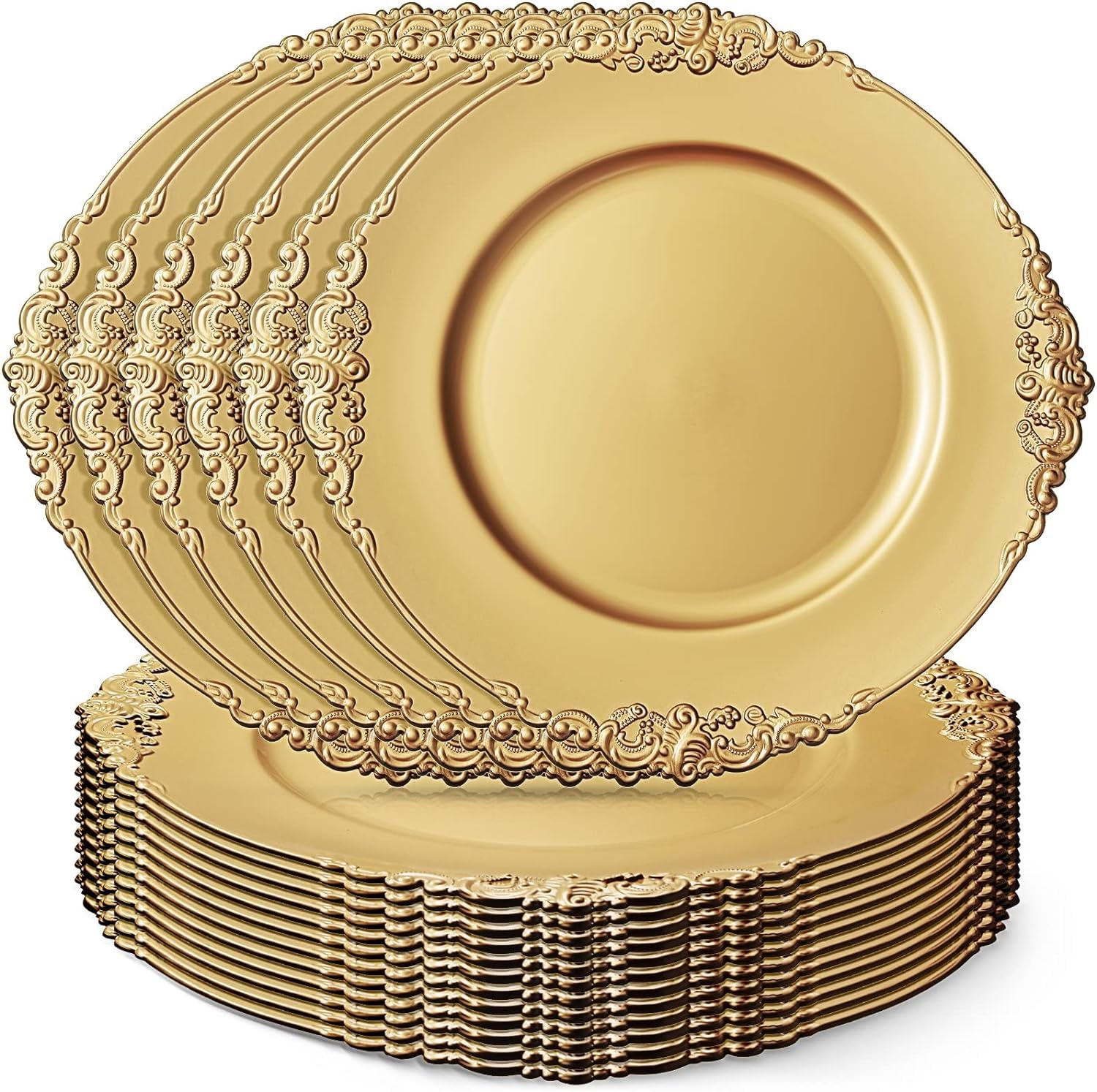 LATERN 12Pcs Multi-Use Gold Charger Plates with Embossed Rim, 33CM Plastic Dinner Charger Plates Large Round Serving Plate for Christmas Halloween Wedding Party Catering Event Table Decoration