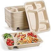 Elsjoy 50 Pack 5-Compartment Disposable Plates, 11" x 8" Compostable School Lunch Tray Divided Paper Plates, Heavy-Duty Sectional Paper Plate for Party, Picnic