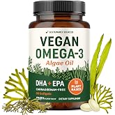 Vegan Omega 3 Algae Oil, Plant Based DHA EPA, Sustainably Sourced, Non-GMO | Carrageenan-Free, Heart, Brain &amp; Eye Health Support, Fish Oil Alternative, Omega 3 Fatty Acid Supplements, 60 Vegan Softgels