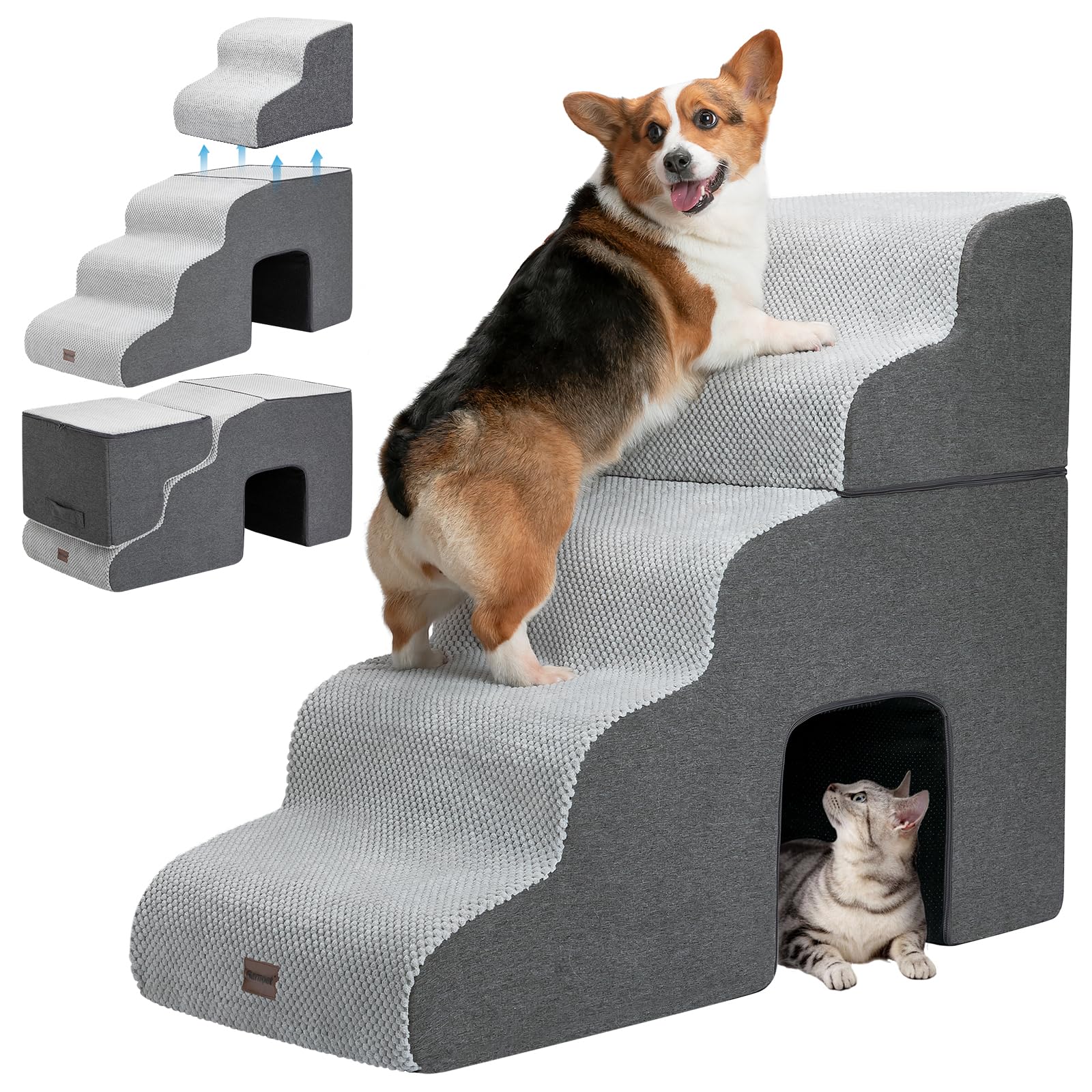 Photo 1 of Garnpet Dog Stairs for High Beds with Tunnel, 5-Step Dog Steps for Small Dogs and Cats, Foldable Pet Stairs for High Bed Climbing, Non-Slip Balanced Pet Step Indoor, Light Grey
