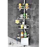 HAMITOR Corner Shower Caddy Tension Pole: Rustproof 4-Tier Bathroom Organizer Shelves for Bathtub Shampoo Storage - 47-121 Inch Quick Install Adjustable Rod Standing Rack with Soap Rack - Silver Gray