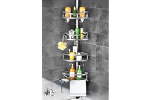 HAMITOR Corner Shower Caddy Tension Pole: Rustproof 4-Tier Bathroom Organizer Shelves for Bathtub Shampoo Storage - 47-121 Inch Quick Install Adjustable Rod Standing Rack with Soap Rack - Silver Gray