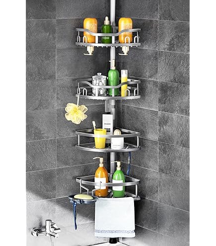 HAMITOR Corner Shower Caddy Tension Pole: Adjustable Stainless Steel Shower Organizer 4 Tier Shelf For Bathroom Bathtub Shampoo Floor Standing Rack Bath Storage Holder With Rust Proof Rods Black