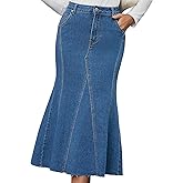 CIMUK Womens Fishtail Long Jean Skirt High Waisted Stretchy Fit and Flare Midi Denim Skirts