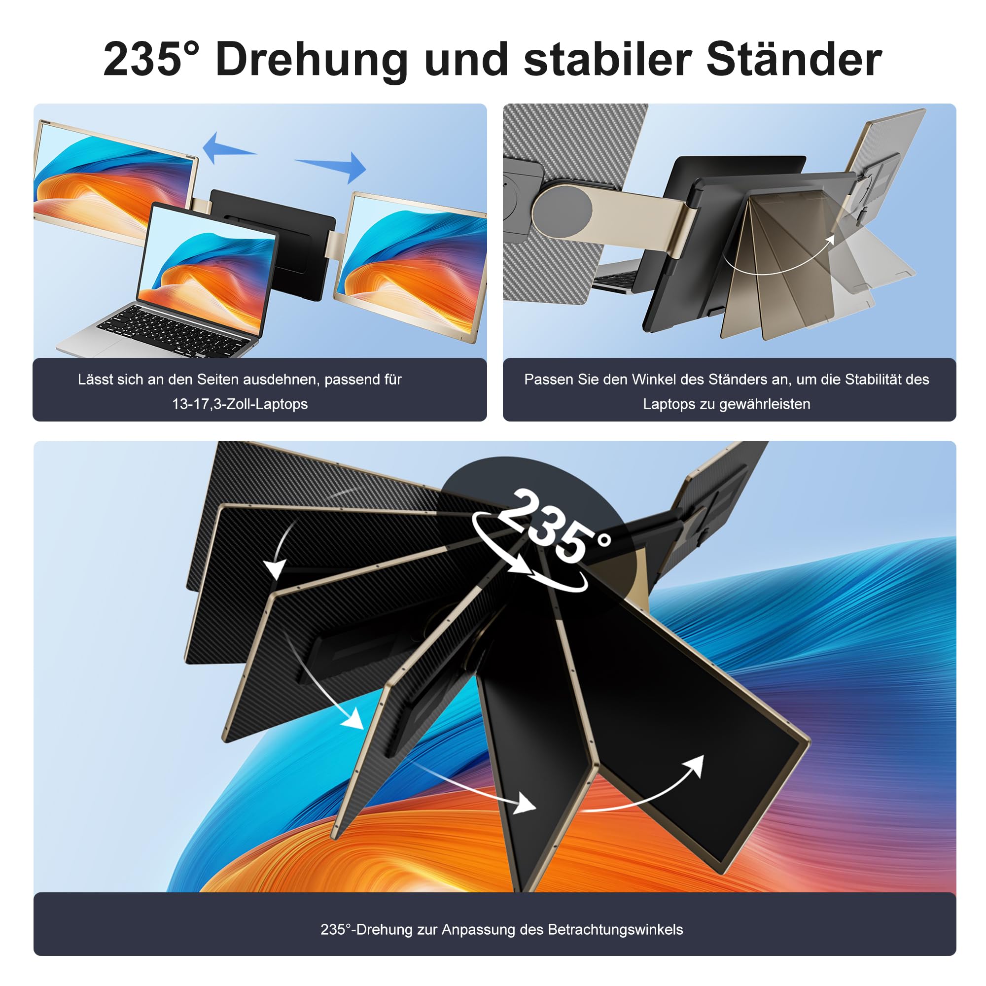 15.6 Inch Laptop Monitor Extension, 120% sRGB Laptop Screen Extender with 235° Rotation, 1080P Laptop Screen Extension, Removable, Malleable, Plug & Play, Portable Monitor for Mac Windows Chrome 6