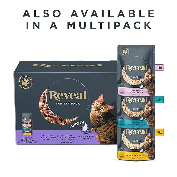 REVEAL NATURAL WET CAT FOOD, 12 PACK, LIMITED INGREDIENT, GRAIN FREE, TUNA WITH SEA BREAM IN BROTH, 2.47OZ POUCHES
