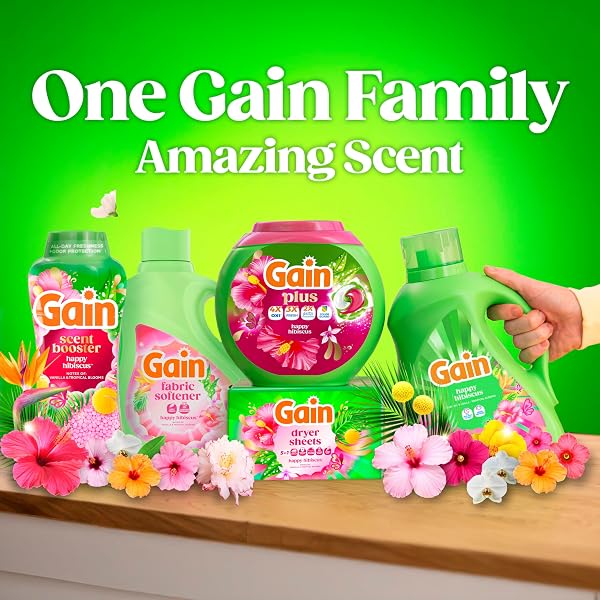 GAIN LIQUID LAUNDRY DETERGENT, WITH ODOR DEFENSE, HAPPY HIBISCUS SCENT, LAUNDRY SOAP FOR HE WASHING MACHINES, 132 FL OZ, 100 LOADS (PACKAGING MAY VARY)