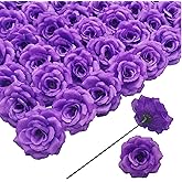 Rose Artificial Flowers, 50Pcs Purple Roses Head Flowers Bulk with Stem, 3 Inches Silk Rose Fake Flower Head for Wedding Party Home Decor DIY Baby Shower Centerpieces Tables Decoration(Deep Purple)