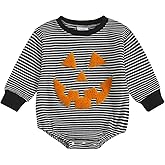 KtwHarnu Newborn Infant Baby Boy Girl Halloween Outfit Pumpkin Ghost Embroidery Striped Bubble Romper Waffle Knit Bodysuit