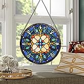 Handcrafted Stained Glass Window Panel - 12-Inch Round Floral Design with Vibrant Colors, Elegant Decorative Hanging Art for Home Décor, Includes 20-Inch Chain & Hook (Blue iris)