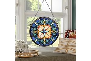 YOURANJU Handcrafted Stained Glass Window Panel - 12-Inch Round Floral Design with Vibrant Colors, Elegant Decorative Hanging Art for Home Décor, Includes 20-Inch Chain & Hook (Blue iris)
