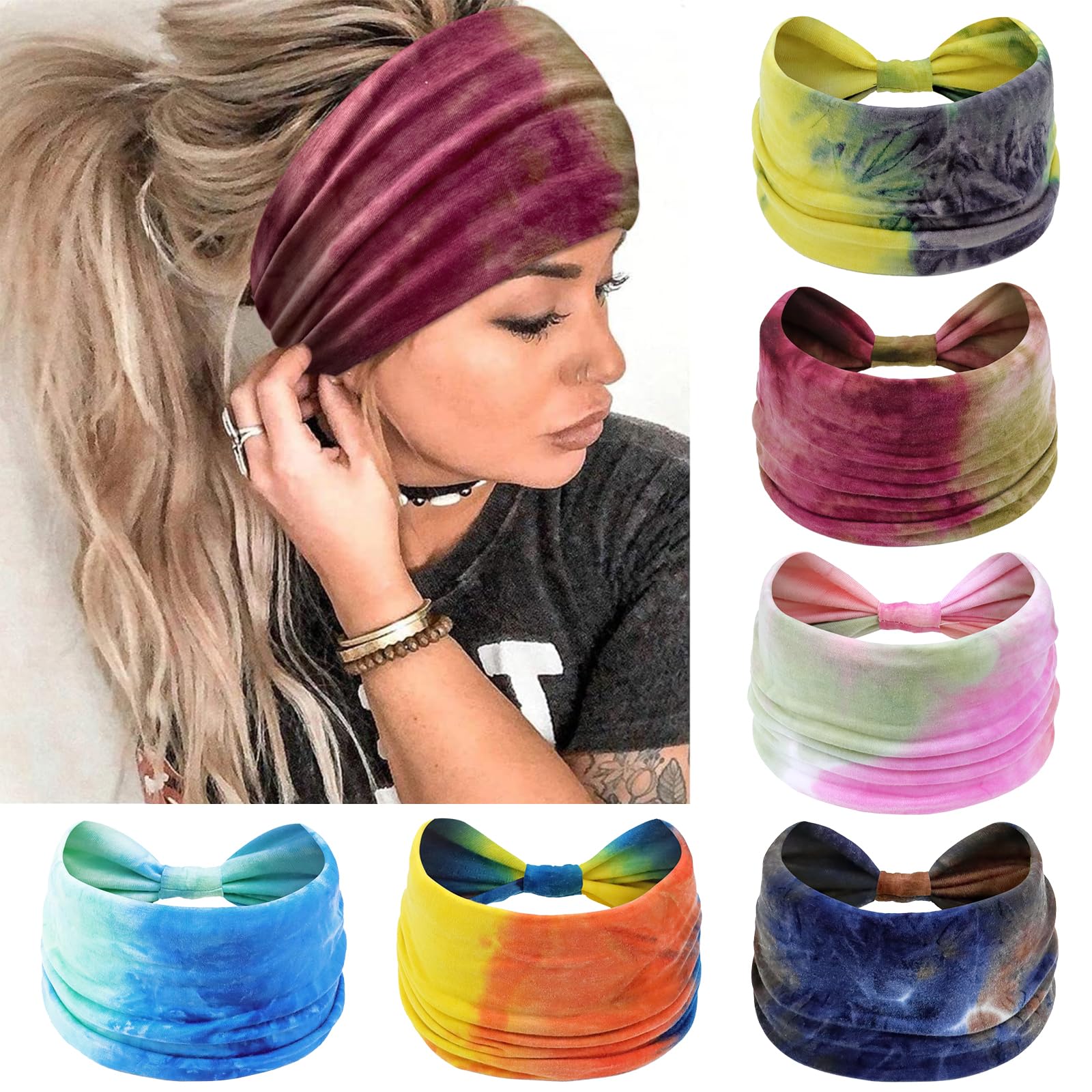 Kavya Headbands for Women Hair UK, Wide Soft Ladies Headband Boho, Fashion Bandanas Knot Adult Scarves Hairbands Elastic Fashion Yoga Hair Accessories (Tie-Dye) — image 1