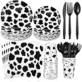 Irenare 280 Pcs Cow Print Birthday Party Supplies Includes Cow Paper Plates and Napkins Cups Spoons Forks Knives Disposable Tableware Serves for Farm Animal Birthday Decor