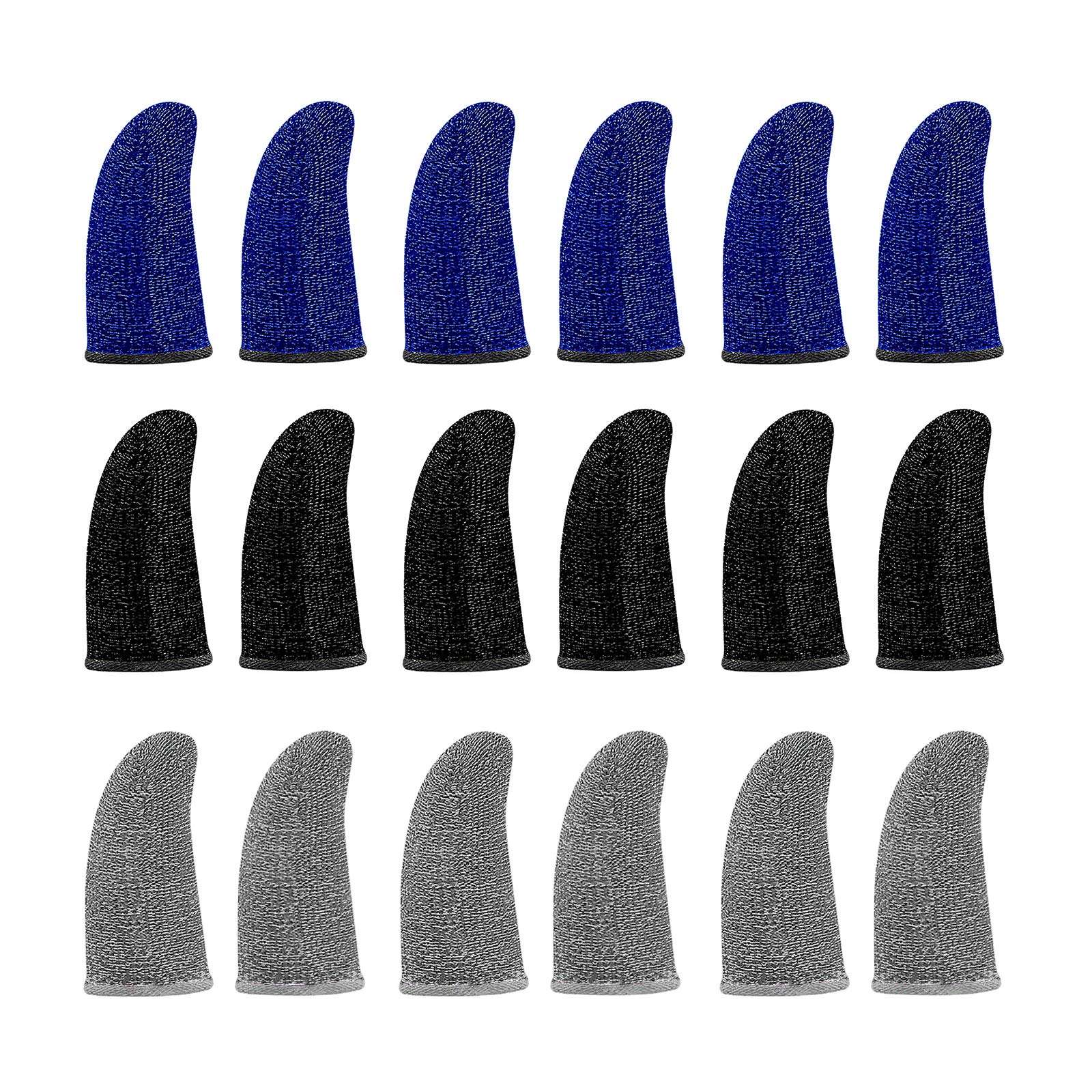 Gwotfy Gaming Finger Sleeves, 18 Pcs PUBG Mobile Game Finger Sleeve Sweat-Proof, Thin Phone Finger Sleeves with Metal Slide Top Container for Touchscreen Smart Phone Games, Gray, Light Gray and Blue