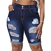 Gocolloa Womens Plus Size Jean Shorts High Waisted Stretchy Midi Bermuda Denim Shorts