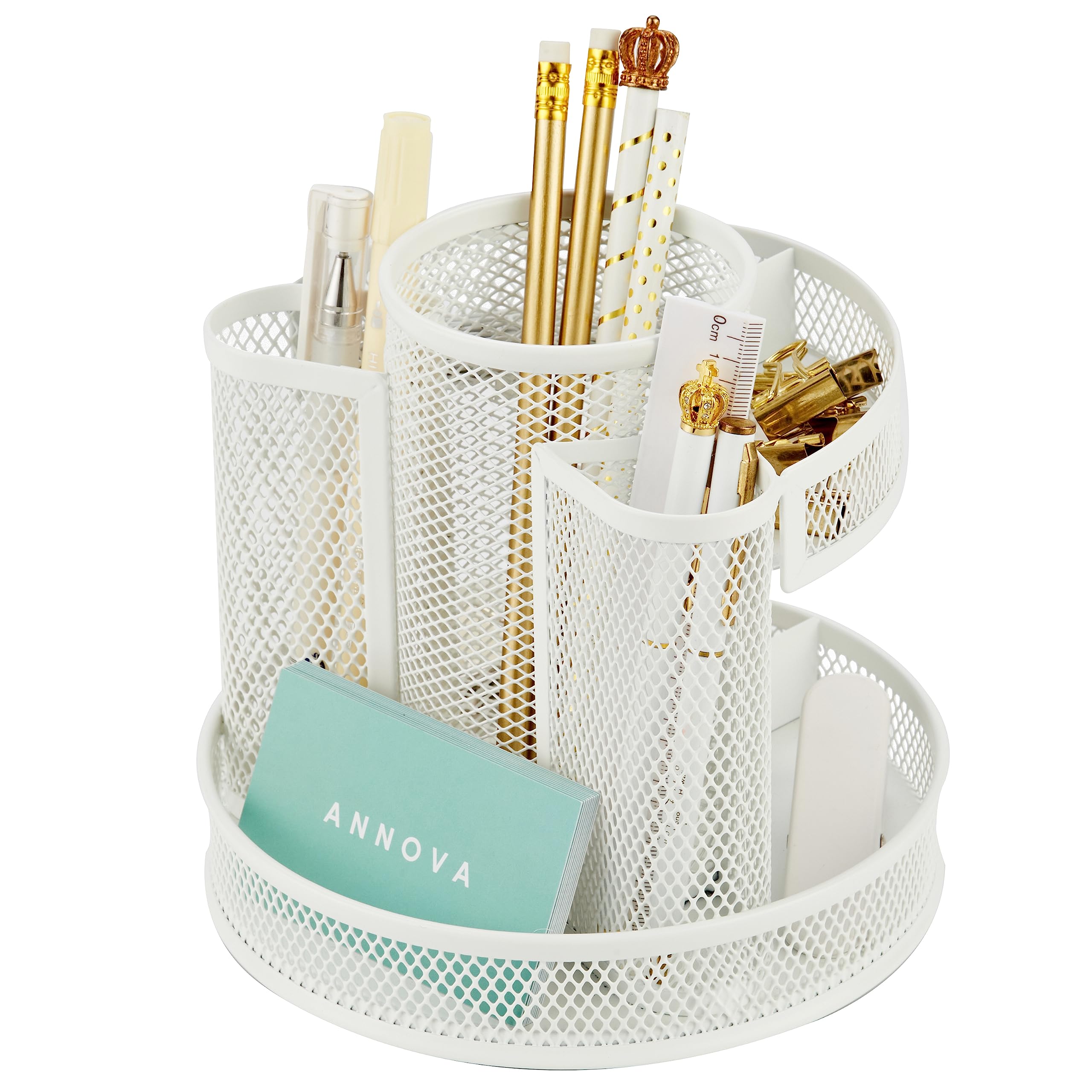 Annova Mesh Desk Organizer Rotate with 5 Compartments Round Spinning Tidy Candy/Pen Holder Desk Accessories Office, Art Supply, Storage, Classroom, Home (White)