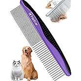 Cat Comb, Dog Comb for Grooming, Pet Comb with Wide and Narrow Stainless Steel Rounded Teeth, Non Slip Rubber Handle for Home