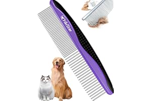 Cat Comb, Dog Comb for Grooming, Pet Comb with Wide and Narrow Stainless Steel Rounded Teeth, Non Slip Rubber Handle for Home