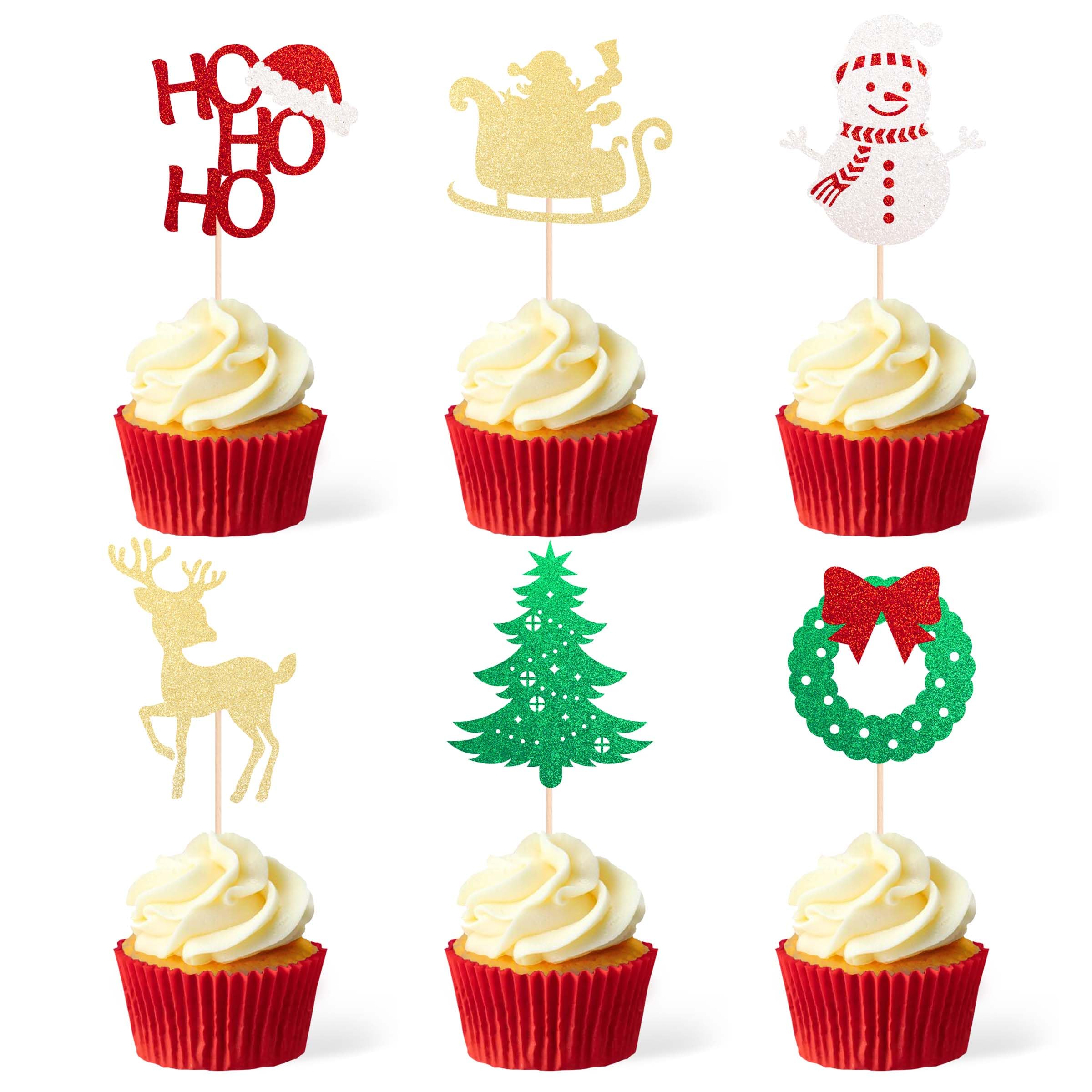 Photo 1 of ***PACK OF 2***Gexolenu 24 PCS HO HO HO Cupcake Toppers, Double-sided Glitter Santa Snowman Reideer and Tree Cupcake Picks For Celebrating Christmas Theme Cake, New Year Holiday Xmas Party Decorations Supply