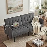 65'' Convertible Futon Sofa Bed with USB, Small Couch for Living Room | Sleeper Sofa, Adjustable Folding Couch with Tufted Design and 2 USB Ports, Bedroom Apartment Office, Dark Grey