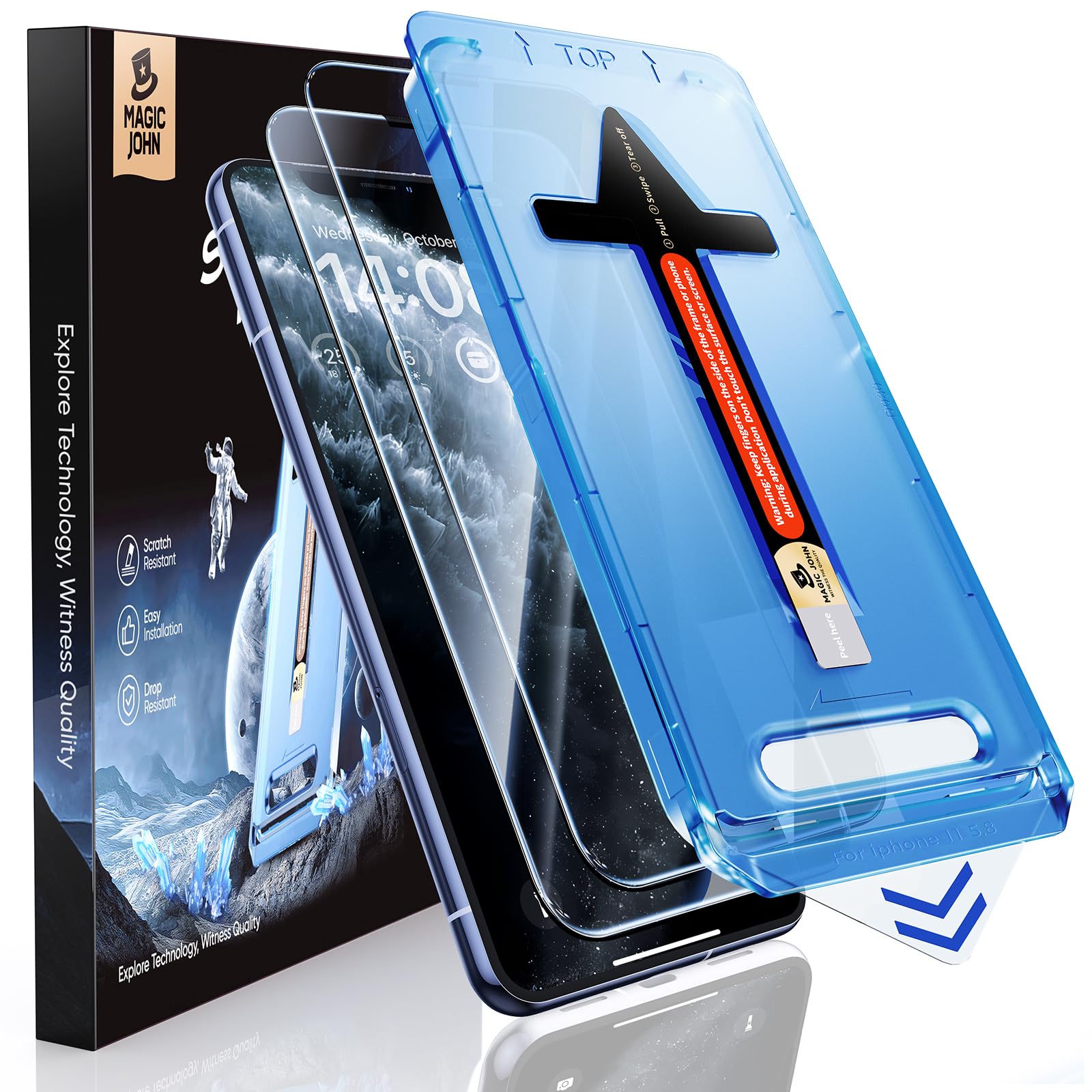 MAGIC JOHN 2 Pack for iPhone 11 Pro/iPhone X/iPhone XS 5.8 inch Tempered Glass Screen Protector, Auto Dust-Elimination Installation, Bubble Free, HD Clear, Easy Installation, Case Friendly