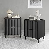 GRAINLLE Wood Night Stand Set 2 Fluted Dresser for Bedroom 2 Drawers End Tables Nightstands Set of 2, Storage Modern Bedside Table Set of 2, Black Nightstand