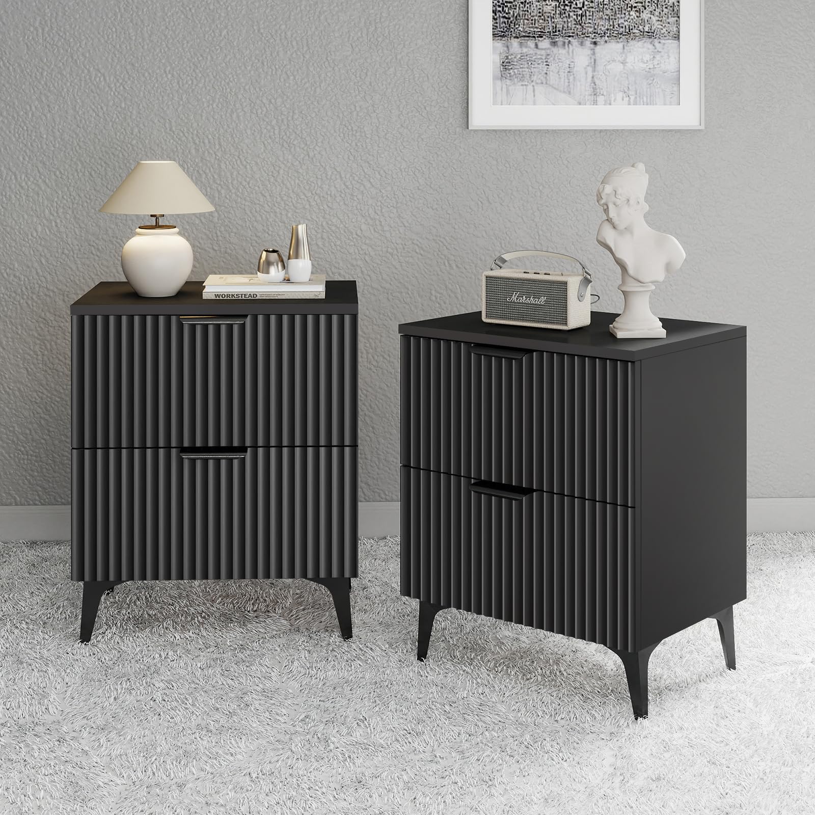 Photo 1 of ***FOR PARTS ONLY HAS DAMAGED PIECES / PARTIAL SET ONLY 1 NIGHT STAND*** GRAINLLE Wood Night Stand Set 2 Fluted Dresser for Bedroom 2 Drawers End Tables Nightstands Set of 2, Storage Modern Bedside Table Set of 2, Black Nightstand