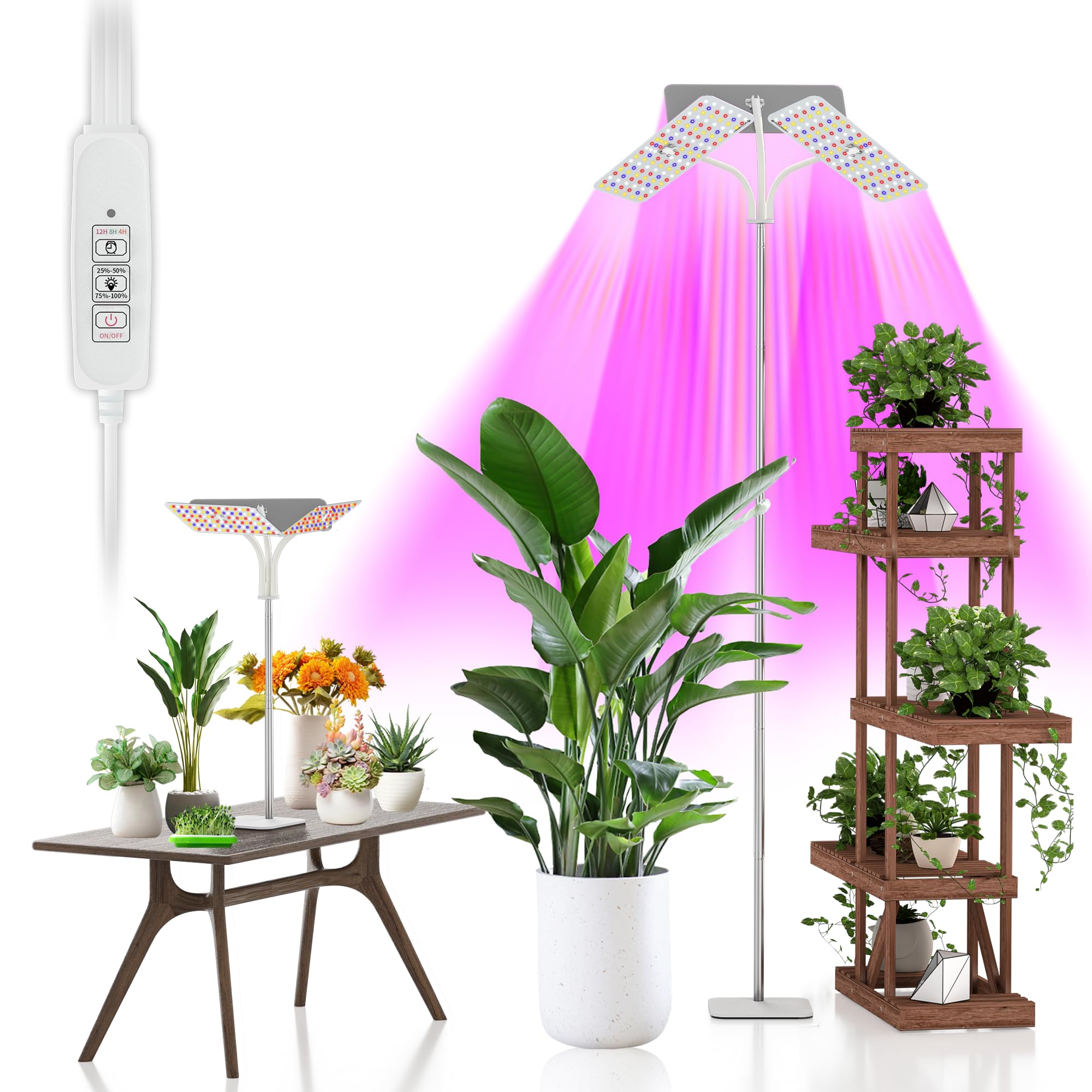 Photo 1 of KINGPLUS Grow Lights with Base, Three Heads, Full Spectrum LED Grow Light for Indoor Plants, 360 Leds, 4 Dimmable Levels, Timer 4/8/12h, 12-60inches Height Adjustable, 48w, Ideal for Desk Small Plants