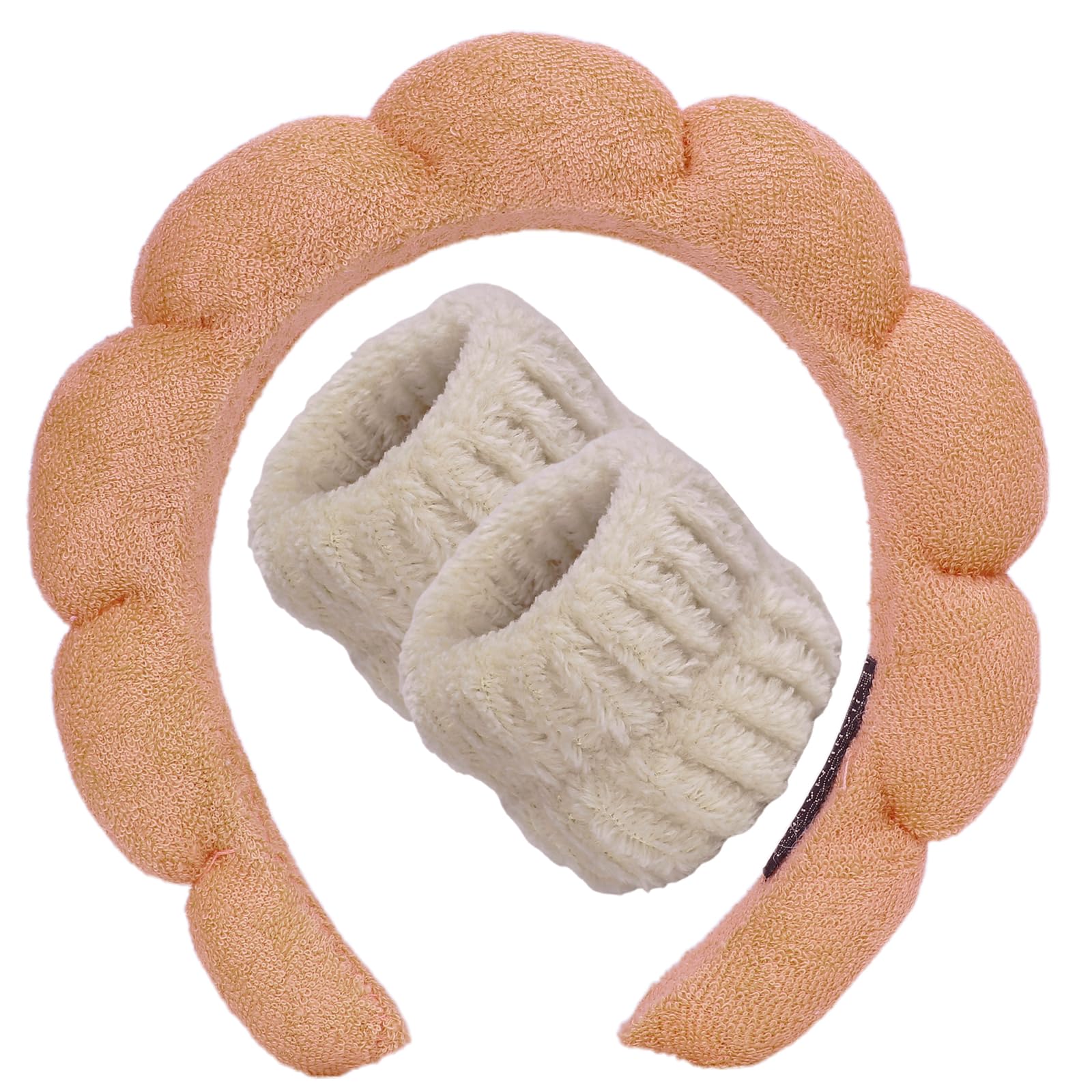 Photo 1 of Beleki Spa Headband for Washing Face Wristband Set Sponge Headband Makeup Skincare Face Washing Headband Terry Cloth Bubble Puffy Hairband Non Slip Headwear Hair Accessory for Women - Orange