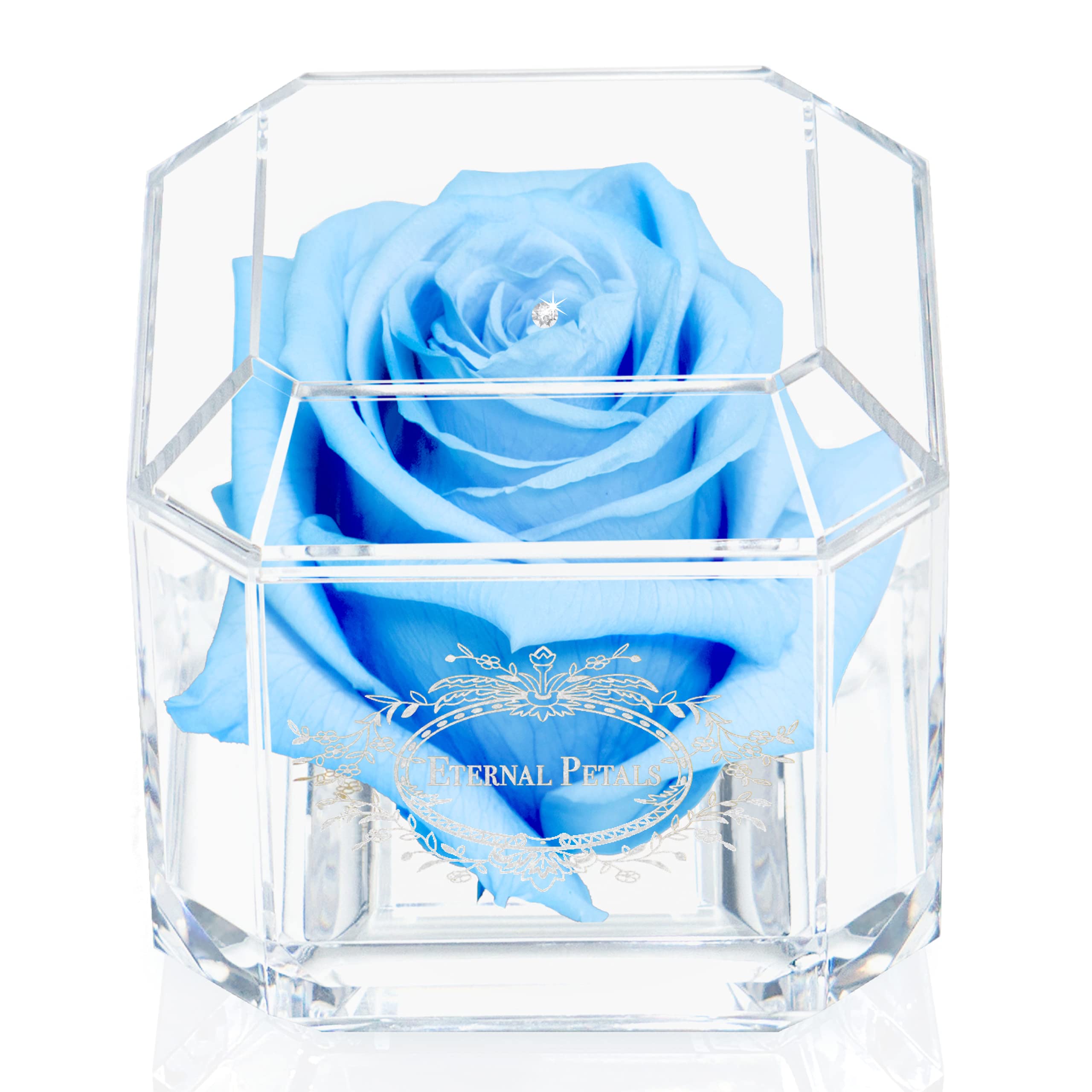 A 100% Real Rose That Lasts Years - Eternal Petals, Handmade in UK – White Gold Solo with A Clear Crystal (Baby Blue) — image 1