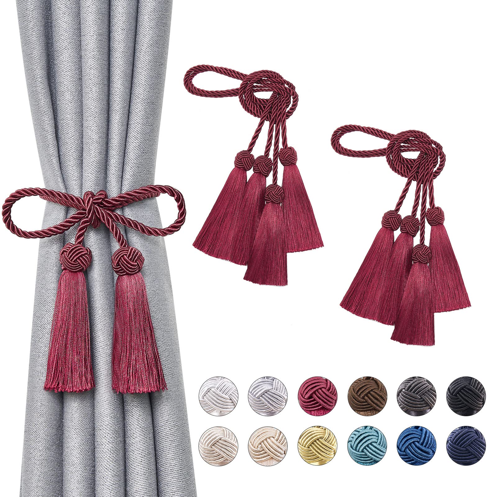 Pretty Jolly 4 Pack Double-ended Tassel Curtain Tiebacks Handmade Braided Rope Knot Drape Tie Backs European Style Decorative Curtain Holdbacks for Home & Office Window Drapery (Wine Red) — image 1
