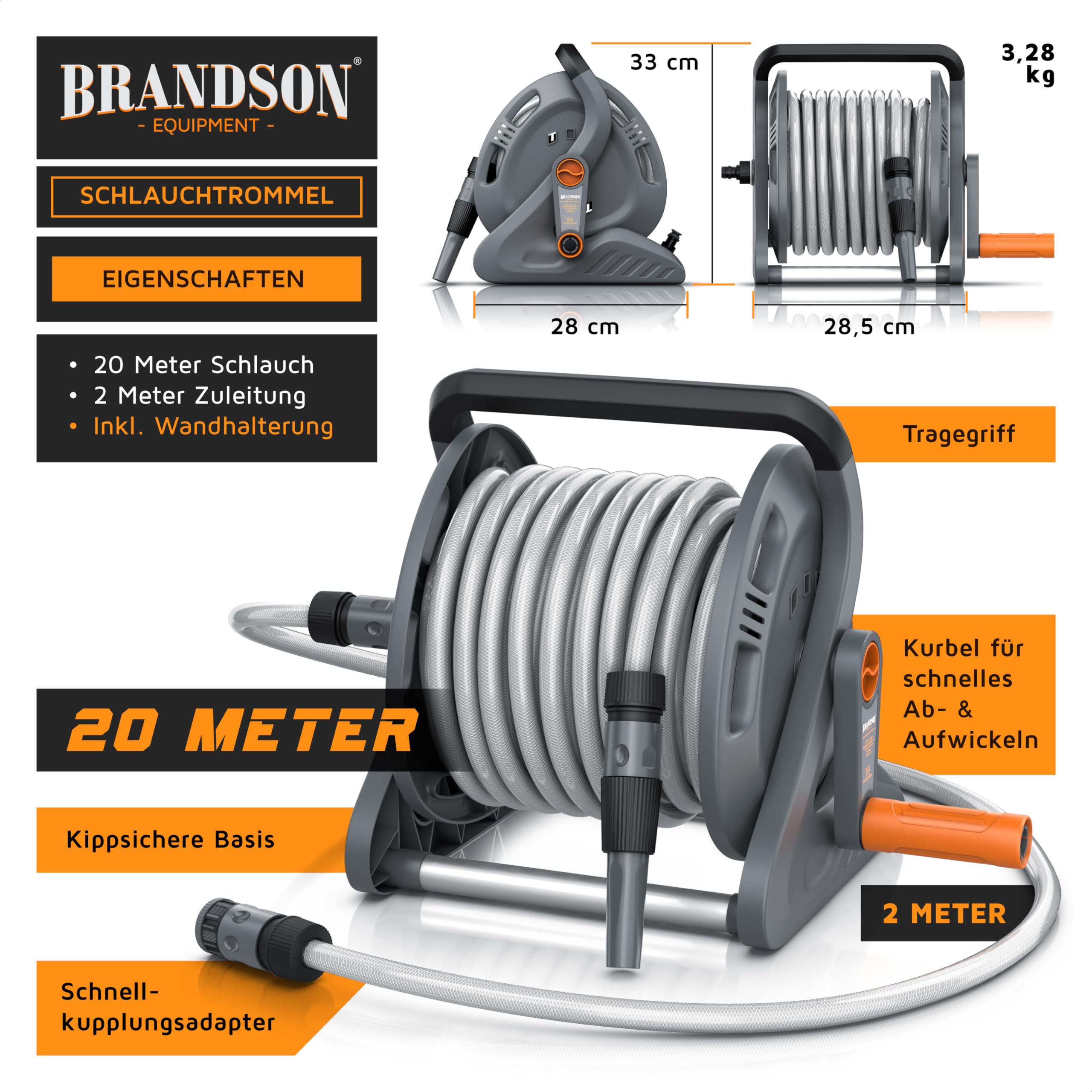 Brandson - Schlauchtrommel 20m Schlauch – Gartenschlauch Trommel Set 1/2 Zoll inkl. Anschluss 3/4 Zoll - 2 m Zuleitung – Schlauchbox mit Wandhalterung - Drehkurbel- Reinigungsspritze 2
