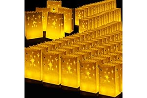 SABARY 100 Pcs White Luminary Bags Christmas Luminaries Flame Resistant Candle Bags Reusable Paper Lantern Bags for Christmas Wedding Thanksgiving New Year Valentine's Day Diwali Party Decor (Firework)