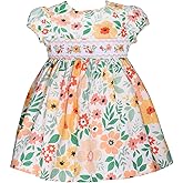 Bonnie Jean Girl's Spring Easter Dress - Floral Orange and Green Smocked Dress for Baby and 2T-6X