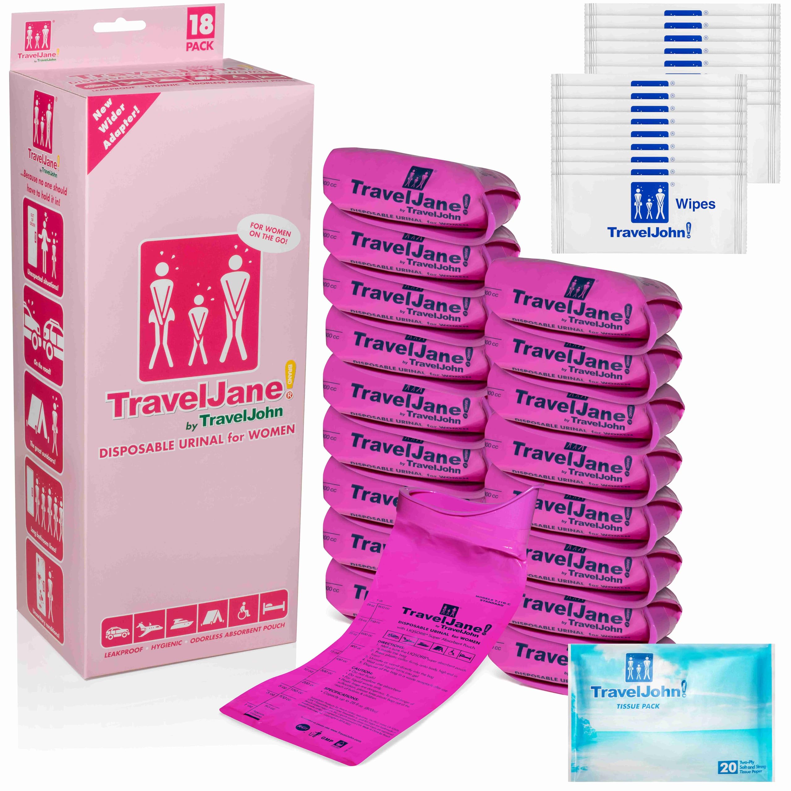 TravelJane Disposable Urinal for All Genders, Adults, and Children(18 Pack), Pink