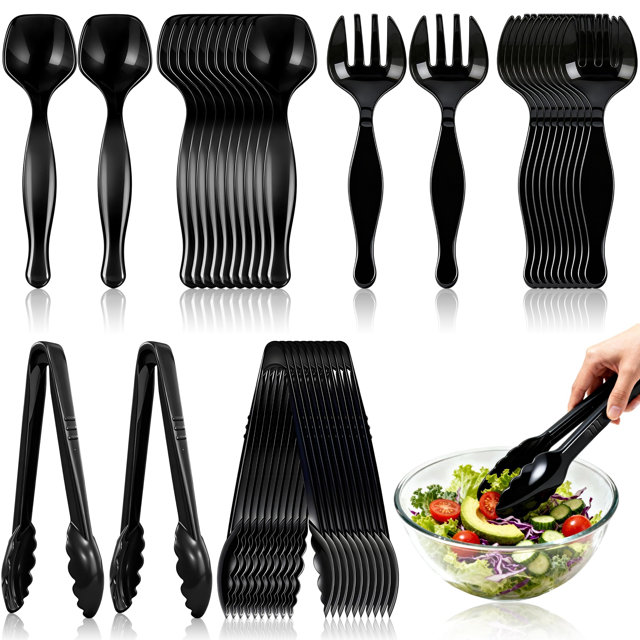 Photo 1 of  Disposable Plastic Serving Utensils Black Spoons,  Forks,  Tongs, 9-Inch for Party Buffet Catering Events, Heavy Duty and Ergonomic Design (Black)