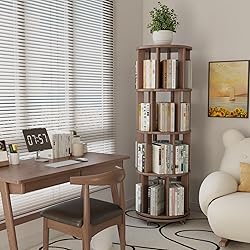 KASLANDI Solid Wood Rotating Bookshelf with Brake