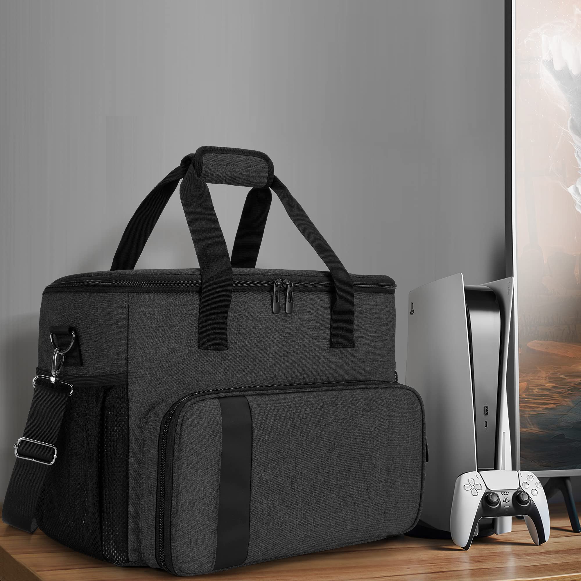 CURMIO Tragetasche für PS5, PS4, PS4 Pro, Xbox Series S, Xbox One and Xbox 360, Tragebare Aufbewahrungstasche für PlayStation Konsole, PS5 Reisetasche für Controller, Kabel (Leere Tasche), Schwarz 7