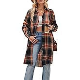 Korebow Womens Casual Long Flannel Plaid Shirts Fall Fashion Long Sleeve Boyfriend Coats Jackets with Pockets