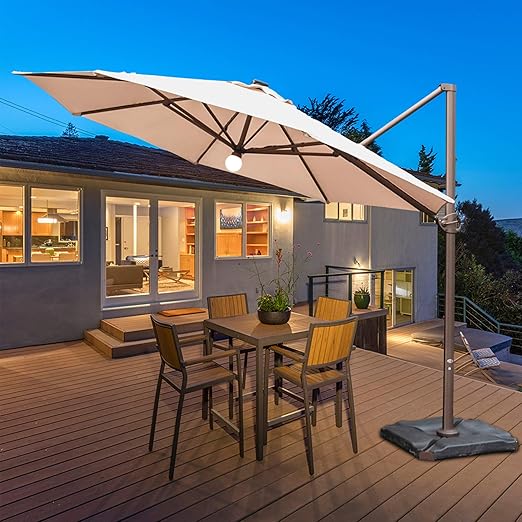 Abba Patio 11 Feet Offset Cantilever Solar Lights Patio Hanging Umbrella With Cross Base Beige Amazon Co Uk Garden Outdoors