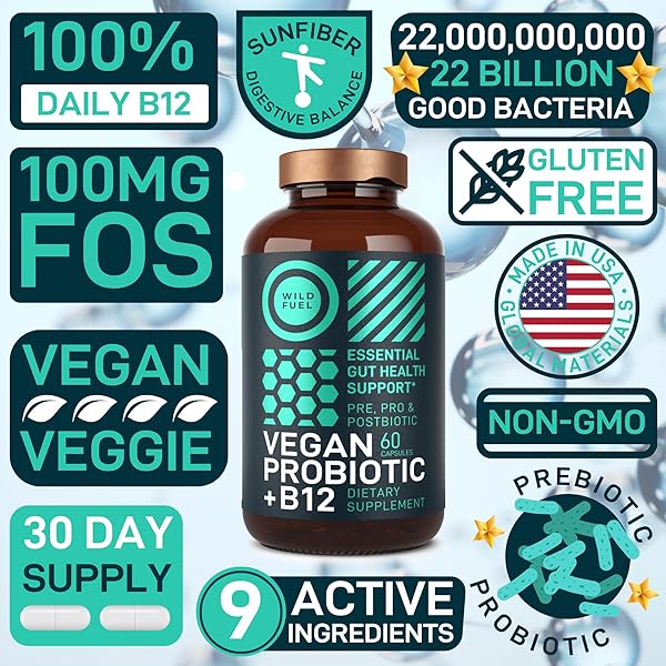 VEGAN PROBIOTIC PLUS B12-22 BILLION CFU SYNBIOTICS PREBIOTICS AND PROBIOTICS FOR DIGESTIVE HEALTH, IBS, MOOD SUPPORT – B12 WITH FOS PRE PRO POST BIOTICS FOR WOMEN & MEN – 60 GLUTEN-FREE CAPSULES