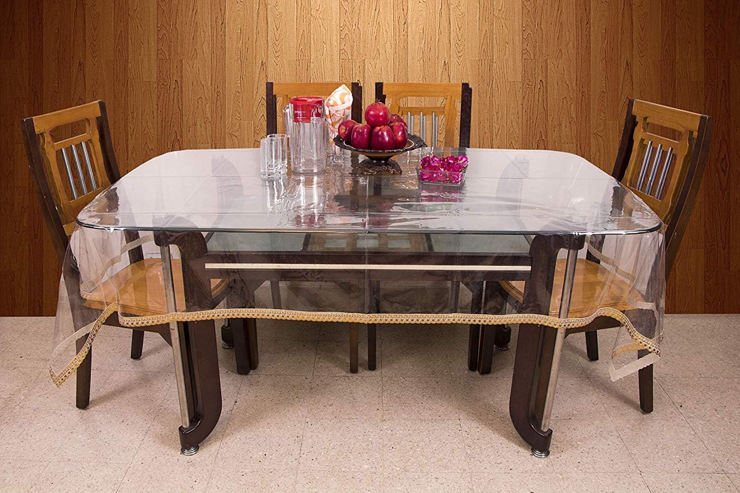 Clasiko 6 Seater Transparent Dining Table Cover; Sweet Golden Lace; Size - 60x90 Inches; 30mm; Sweet Small Lace