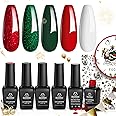 Beetles Christmas Gel Nail Polish, Sparkle Red Green Gel Polish Kit Soak Off UV LED Gel Nail Kit Manicure Gift with Nail Strengthener Gel and Stickers Nail Art Christmas Gift for Women