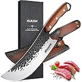 Huusk Butcher Knife for Meat Cutting, Meat Cleaver Heavy Duty with Sheath, Hand Forged Cooking Knives with Full Tang handle for Kitchen or BBQ, Christmas Gift for Men and Women