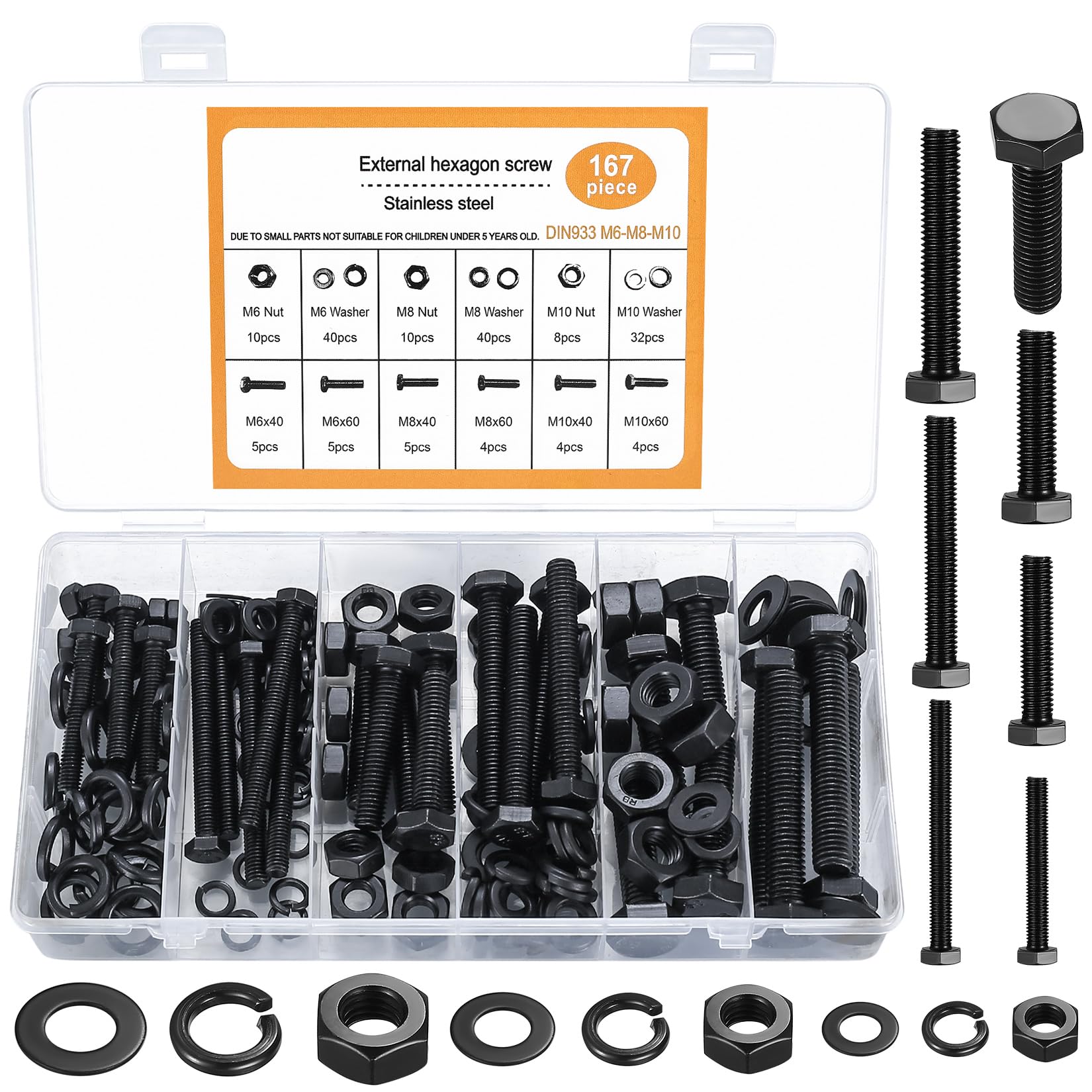 167-Piece Hexagonal Bolt, Nut & Washer Set, Carbon Steel Hex Screws, M6/M8/M10 Nuts & Flat Washers, Full Thread Machine Screws (167 Black)