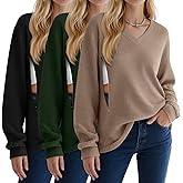 Sweetyweee 3 Pack Women's Oversized Nursing Tops Waffle Knit V Neck Breastfeeding Long Sleeve Shirts Hidden Zipper Sweatshirt