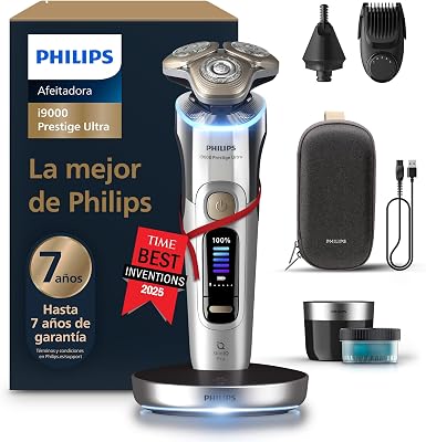 i9000 Prestige Ultra, barbear elétrico masculino, barbeador seco e molhado, SkinIQ Pro, base de carga, recarregável, caixa, centro de limpeza, aparador, nariz, XP9404/38