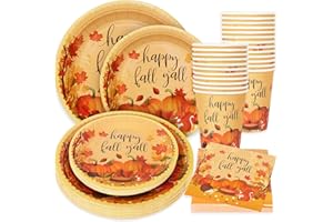 Whaline 100Pcs Fall Paper Plates and Napkins Set Colorful Pumpkin Autumn Leaves Disposable Dinnerware Set 50Pcs Paper Plate 25Pcs Napkin 25Pcs Cups for Thanksgiving Birthday Party Supplies Table Decor