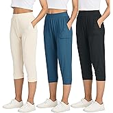 Real Essentials 3 Pack: Women's Ribbed Capri Jogger Lounge Sweatpants with Pockets Yoga Workout (Available in Plus Size)