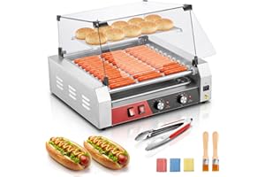 FOHERE Hot Dog Roller 11 Rollers 30 Hot Dogs Capacity, 1650W Stainless Steel Hot Dog Machine with Bun Warmer Shelf, Dual Temp Control, Glass Cover, Removable Tray for Commercial and Party